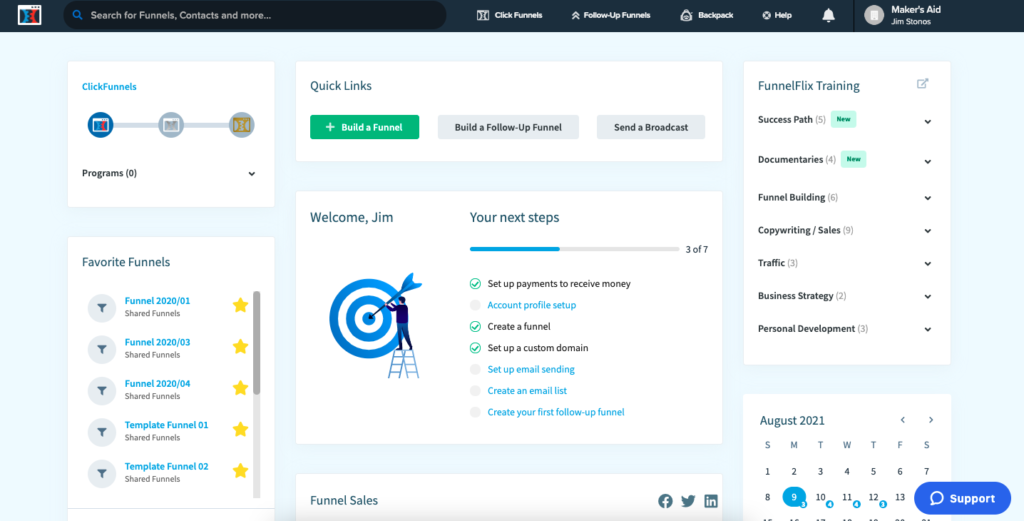 A screenshot of the ClickFunnels home screen.
