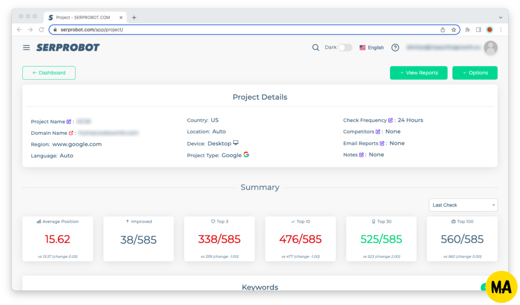 Tweaking a project's details in SERP Robot