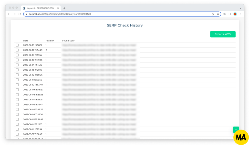 Viewing the full history for a given keyword in SERP Robot.
