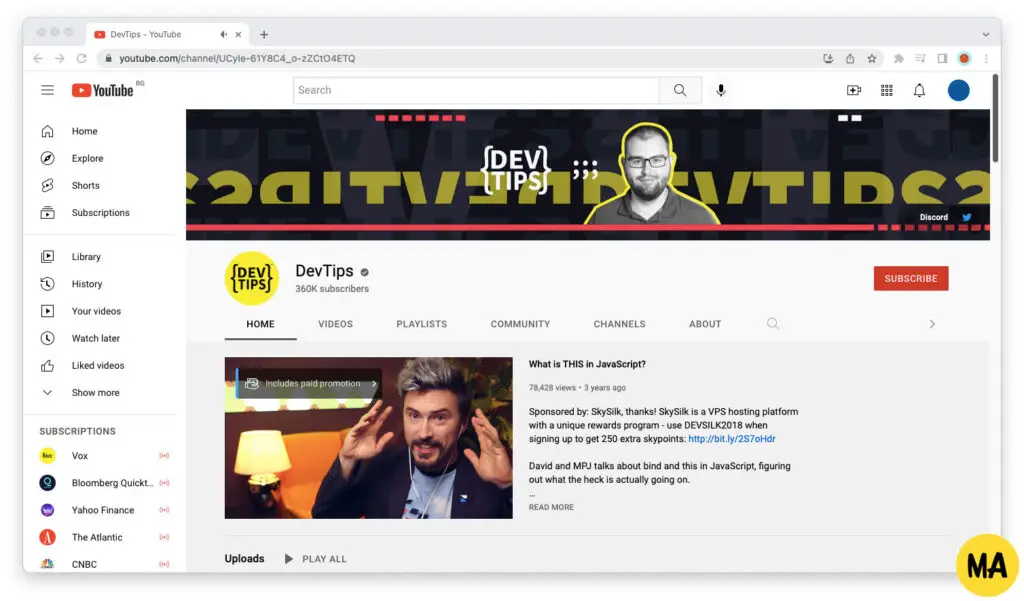 Screenshots of DevTips' YouTube channel