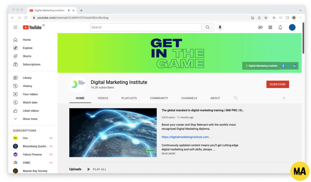 Screenshot of the Digital Marketing Institute's YouTube channel