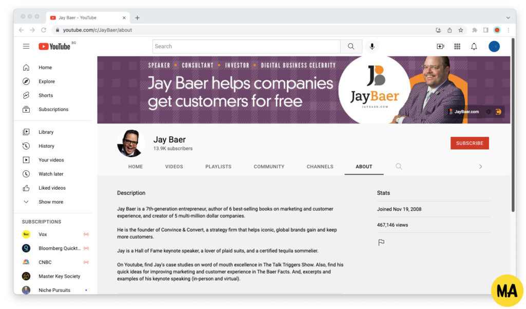 Screenshot of Jay Baer's YouTube channel