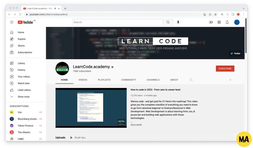 Screenshot of Learn Code Academy's YouTube channel