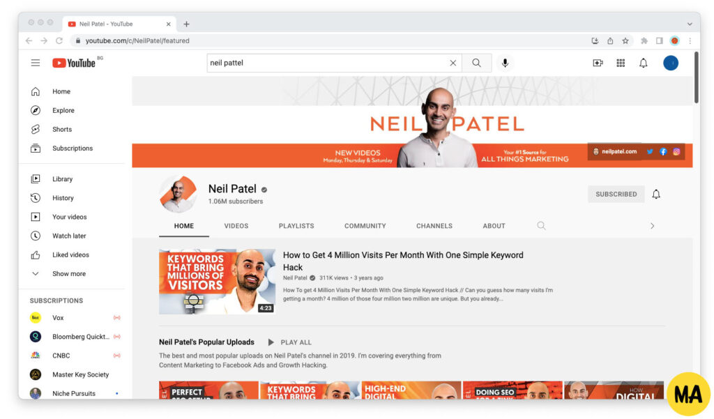 Screenshot of Neil Patel's YouTube channel