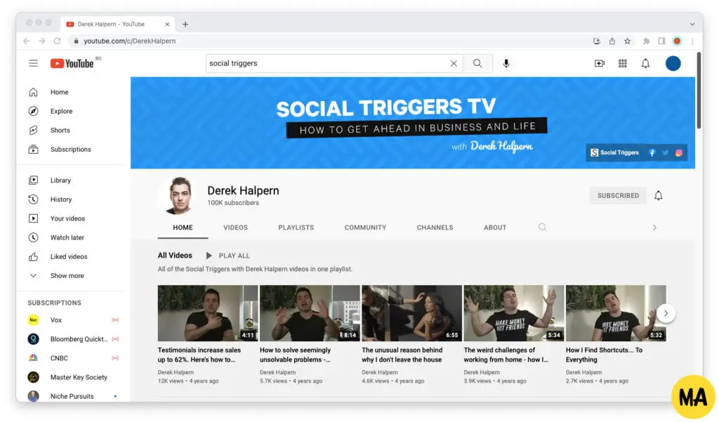 Screenshot of Social Triggers TV (Derek Halper's YouTube channel)