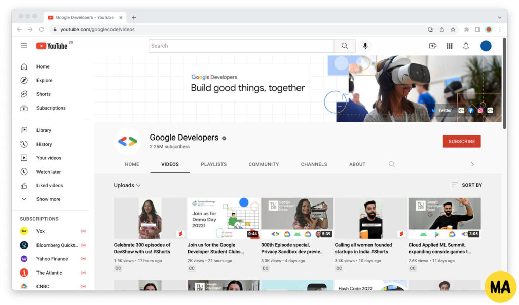 Screenshot of Google Developers' YouTube channel