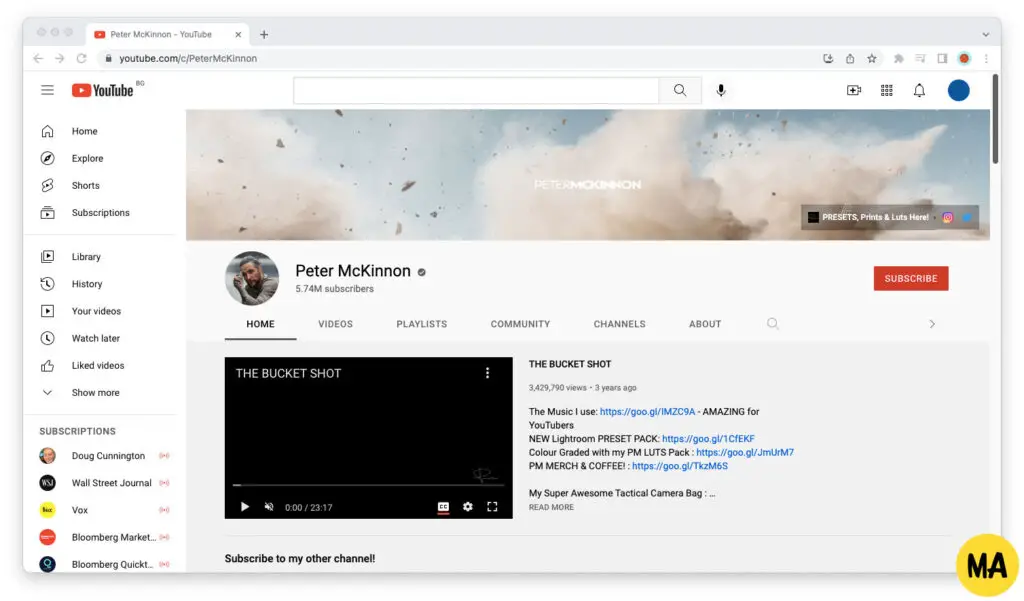Screenshot of the Photoshop Training Channel on YouTube